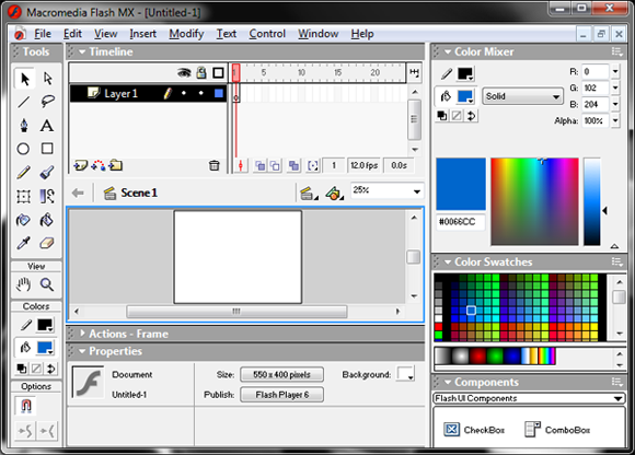 captura de tela do Macromedia Flash MX em Português