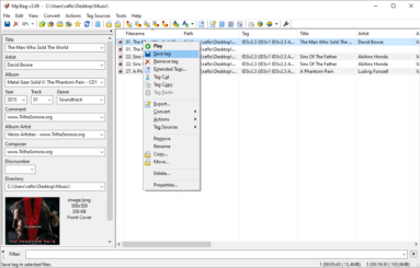 Captura de tela do Mp3tag aberto com destaque para as opções que são exibidas ao se clicar com o botão direito do mouse sobe um arquivo carregado. As opções mostram para o MP3 ser executado, para edições em tags e muito mais.