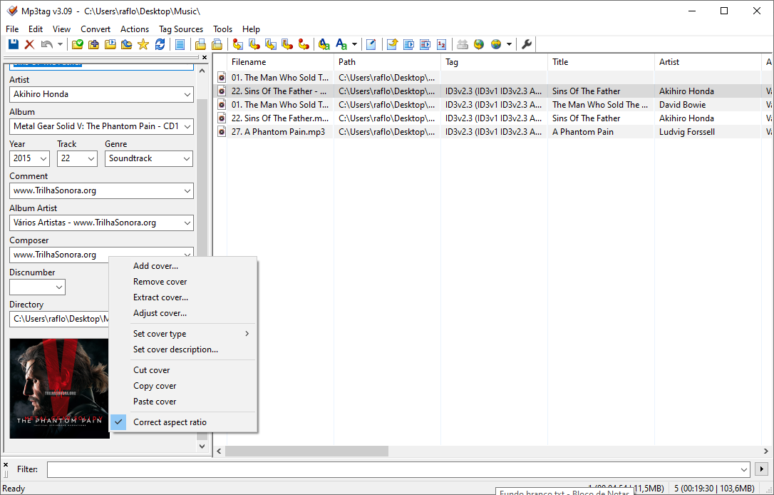 Captura de tela do Mp3tag aberto com destaque para sua opção de inserir, editar ou alterar a capa dos arquivos MP3.
