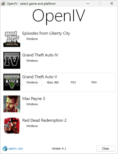 Captura de tela exemplo do OpenIV mostrando as possibilidades de integração com os jogos GTA IV, GTA V, Max Payne 3, RDR2, e GTA IV Episodes from Liberty City.