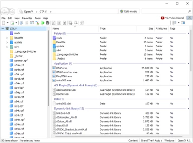 Captura de tela exemplo do OpenIV mostrando a pasta raiz de instalação padrão do GTA V.