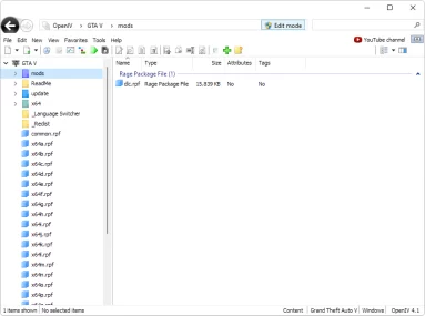 Captura de tela exemplo do OpenIV mostrando a instalação de um mod na pasta correspondente do jogo GTA V.