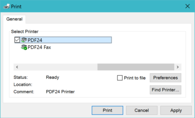 Captura de tela demonstrativa do PDF24 Creator mostrando sua impressora virtual criada no sistema.