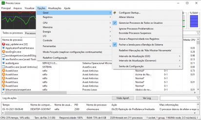 Captura de tela do process lasso mostrando as opões disponíveis menu 