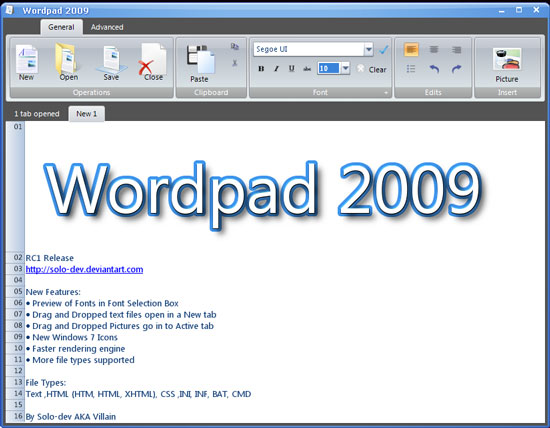 captura de tela do WordPad 2009