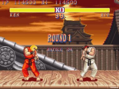 A a clássica versão do Super Street Fighter II: The New Challengers, rodando no MAME. A imagem mostra Ken vs Ryu.
