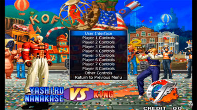 Captura de tela do jogo King of Figthers rodando no MAME. O jogo está pausado em menu de opções do MAME.