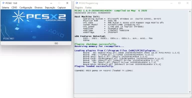 Captura de tela do PCSX2 mostrando sua tela principal bem como seu console de funcionamento ao lado.