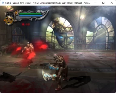 Captura de tela do PCSX2 rodando o jogo God of War 2. A captura mostra o jogo já em jogabilidade plena.