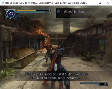 Captura de tela do PCSX2 rodando o jogo Onimusha: Dawn of Dreams em efetiva jogabilidade na parte inicial do jogo.