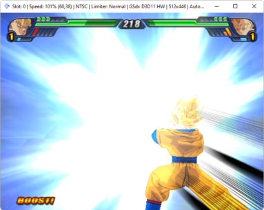 Captura de tela do emulador PCSX2 rodando o jogo Dragon Ball Z: Budokai Tenkaichi 3. O jogo mostra Goku aplicando seu Kamehameha.