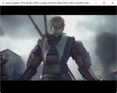Captura de tela do PCSX2 rodando o jogo Onimusha: Dawn of Dreams na cutscene animada de introdução do jogo.
