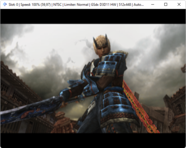 Captura de tela do PCSX2 rodando o jogo Onimusha: Dawn of Dreams em cutscene na parte inicial do jogo.