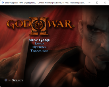 Captura de tela do PCSX2 rodando o jogo God of War 2. A captura mostra o jogo em seu menu principal.
