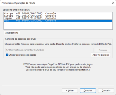 Captura de tela do assistente de configuração do PCSX2 mostrando sua tela de seleção da BIOS do console para que o emulador possa funcionar.