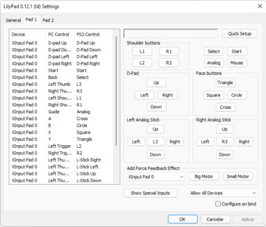 Captura de tela do PCSX2 em sua tela de configuração de gamepad.