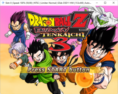 Captura de tela do emulador PCSX2 rodando o jogo Dragon Ball Z: Budokai Tenkaichi 3. O jogo está em sua tela inicial de 