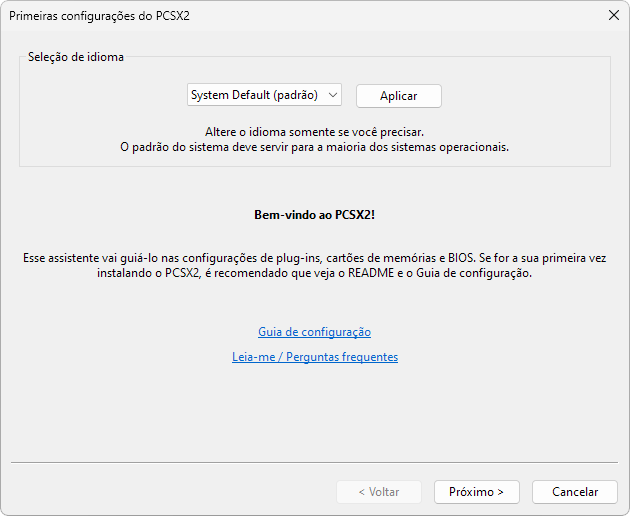 Captura de tela do assistente de configuração do PCSX2. Está mostrando a tela de boas-vindas e de seleção de idioma.