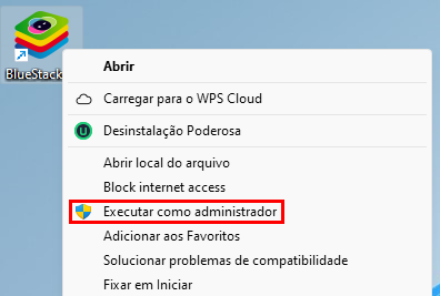 Captura de tela que mostra como executar o BlueStacks com privilégios de administrador.