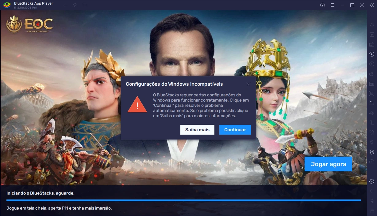 Tela de carregamento do BlueStacks mostrando um erro de configurações do Windows incompatíveis.