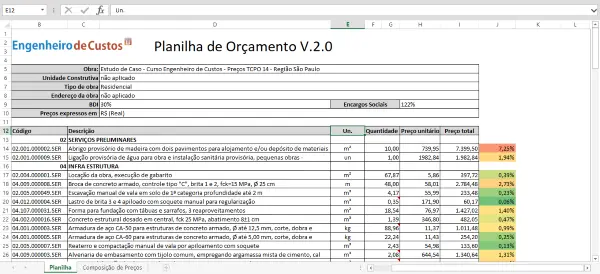 captura de tela da Planilha para Orçamento de Obras 2.0