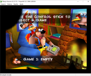 Captura de tela do Project64 rodando o jogo Banjo-Kazzoie. O jogo está na tela de seleção de save game sendo selecionado.