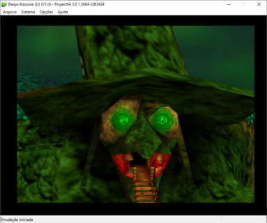Captura de tela do Project64 rodando o jogo banjo-kazooie. A tela está exibindo a entrada da caverna da bruxa Gruntilda, que é a vilã do jogo.