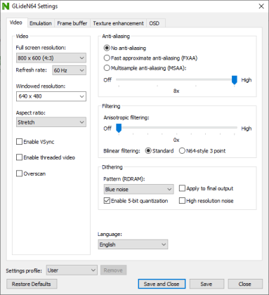 Captura de tela do Project64 em suas opções de configuração do vídeo (qualidade gráfica).