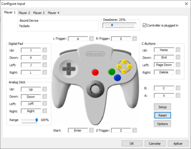 Captura de tela do Project64 em sua opção para configurar o controle/gamepad.