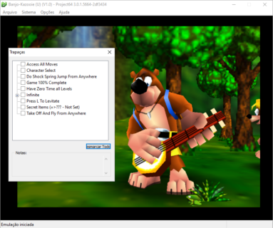 Captura de tela do Project64 exibindo o jogo banjo-kazooie. Além disso a captura exibe a tela de trapaças disponíveis na qual é possível selecionar aspectos como vida infinita, acesso a todas as fases, entre outros.