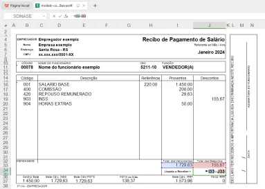 Captura de tela do modelo de contracheque, mostrando o modelo dentro do editor de planilhas. Ele destaca uma fórmula SOMASE para calcular valor líquido a receber no contracheque.