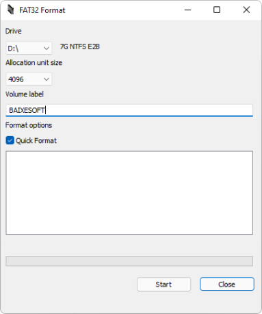 Captura de tela do FAT32 Format que mostra seu painel de opções para a formatação.