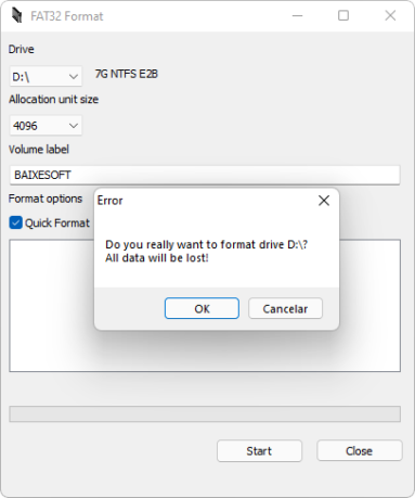 Captura de tela do FAT32 Format que mostra um aviso antes da formatação de que todos os dados serão perdidos para formatar o dispositivo.