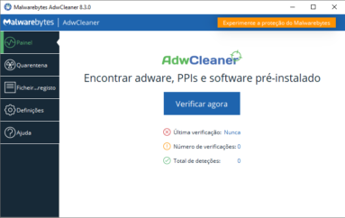 Captura de tela demonstrativa do AdwCleaner em sua tela inicial que traz com bastante destaque a opção 