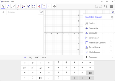 Captura de tela demonstrativa do GeoGebra. A captura mostra um gráfico vazio, as possibilidades do Geogebra e um teclado de calculadora do programa.