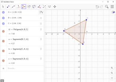 Captura de tela demonstrativa do GeoGebra mostrando um gráfico matemático triangular.