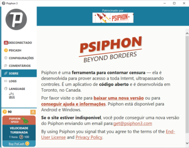 Captura de tela demonstrativa do Psiphon para Windows mostrando seu menu 
