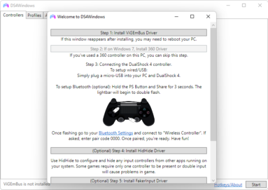 Captura de tela do DS4Windows mostrando a tela do assistente inicial de configuração.