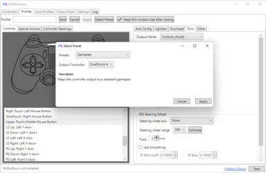 Captura de tela do DS4Windows mostrando o menu de escolher o gamepad disponível.