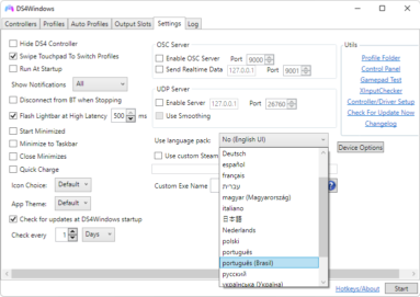 Captura de tela do DS4Windows mostrando as opções disponíveis na aba 