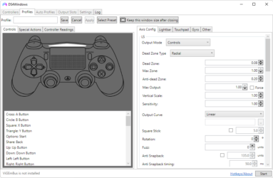 Captura de tela do DS4Windows mostrando as opções disponíveis aba 