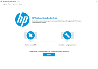 Captura de tela demonstrativa do HP Print and Scan Doctor em sua tela inicial do assistente de reparo.