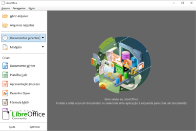 Captura de tela demonstrativa da tela inicial do LibreOffice que mostra sua interface para abrir um arquivo ou criar novos a partir de suas aplicações, como Writer, Calc, Impress, entre outros. A imagem mostra a seleção para a opção 