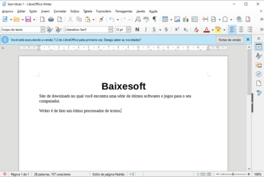 Captura de tela demonstrativa do LibreOffice Writer. A captura mostra um texto demonstrativo escrito pelo www.baixesoft.com.