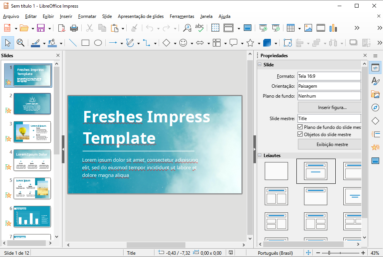 Captura de tela demonstrativa do LibreOffice Impress. A captura de tela mostra um modelo de template novo de uma apresentação sendo aberto e destaca algumas opções do Impress.
