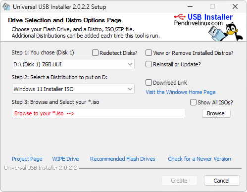 Captura de tela demonstrativa do Universal USB Installer mostrando sua interface do assistente de configuracao