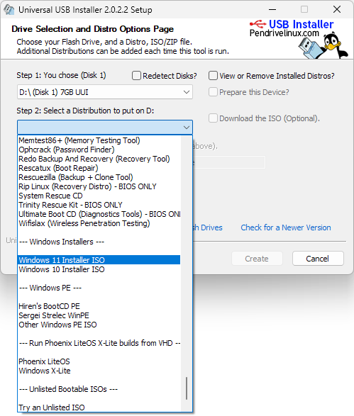Universal USB Installer captura de tela demonstrativa mostrando as distribuicoes disponiveis
