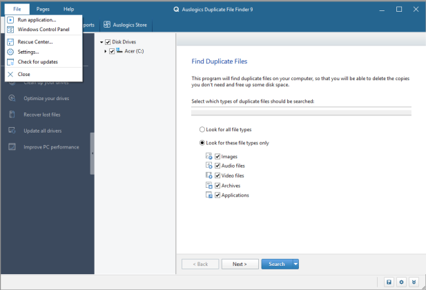 Auslogics Duplicate File Finder captura de tela 2 baixesoft