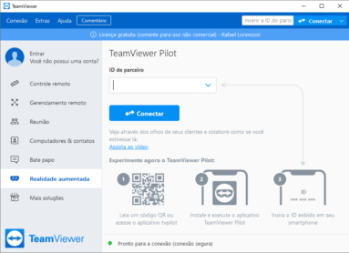 Captura de tela demonstrativa do TeamViewer em sua tela inicial, mostrando seu menu 