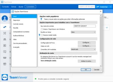 Captura de tela demonstrativa do TeamViewer em sua tela inicial, mostrando suas tela de configurações no menu 
